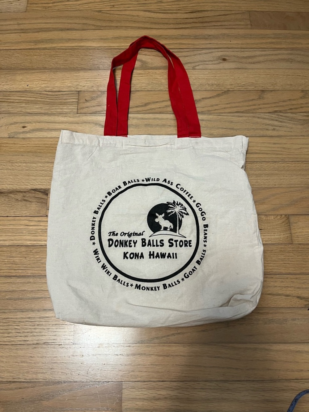 Donkey Balls Store Kona Hawaii Canvas Tote with Red Handles